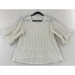 World Market Ivory Gold Metallic Peasant Shirt Womens 3/4 Sleeve Pullover Size M